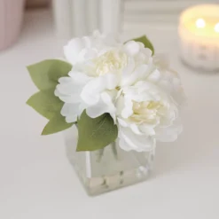 19cm White Roses Artificial Plant In Clear Square Glass Vase -Hozelock Shop 19cm white roses artificial plant in clear square glass vase5010795682690 01i