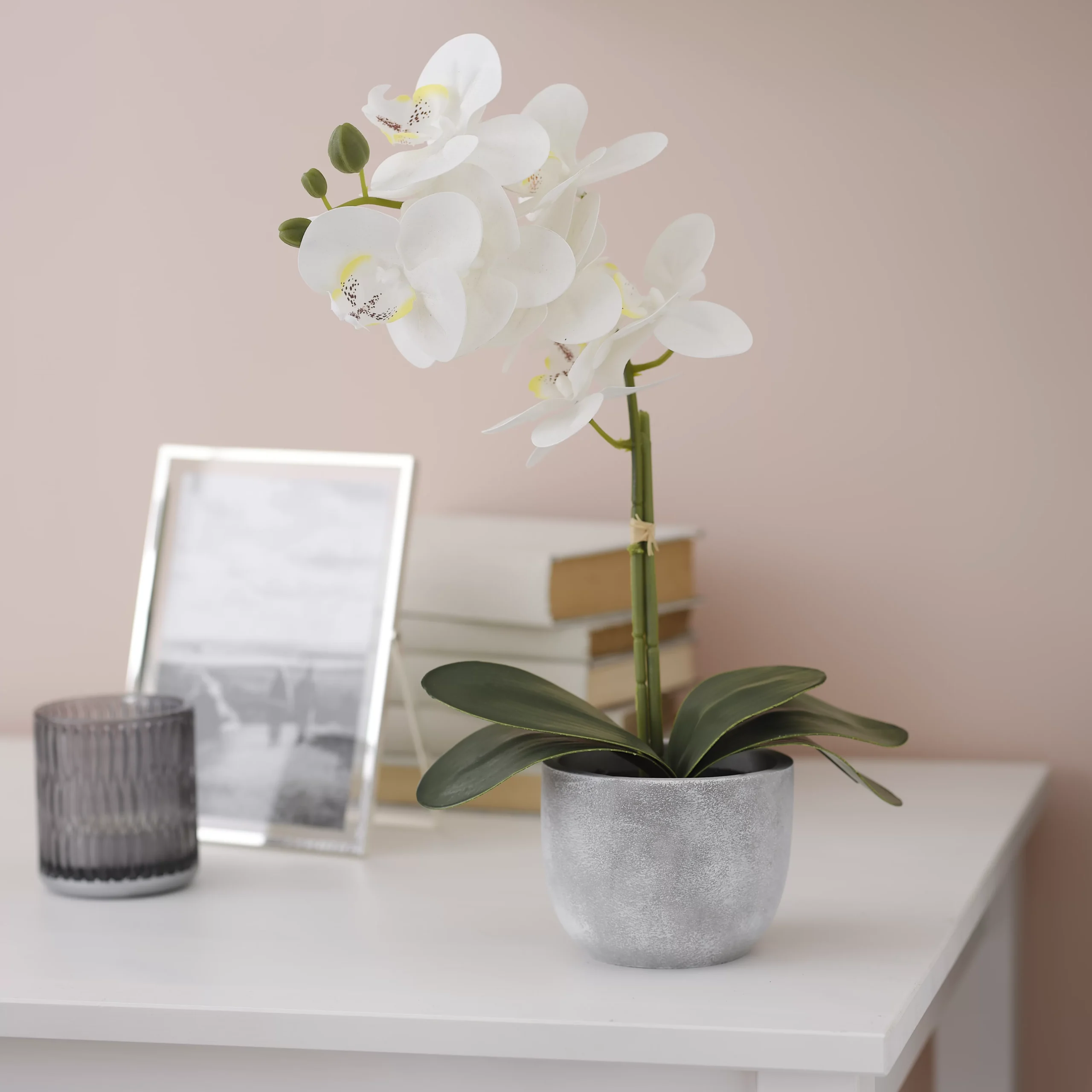 25cm White Orchid Artificial Plant In Grey Ceramic Pot 3 25cm White Orchid Artificial Plant In Grey Ceramic Pot - Image 3