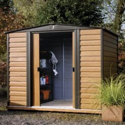 Arrow Woodvale 8x6 Apex Coffee Metal Shed -Hozelock Shop arrow woodvale 8x6 apex coffee metal shed5013856015215 01i
