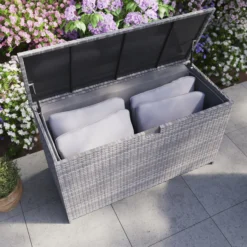 GoodHome Hamilton Steeple Grey Rattan Effect Storage Box (W) 125cm X (D) 55cm -Hozelock Shop goodhome hamilton steeple grey rattan effect storage box w 125cm x d 55cm5059340677392 01i