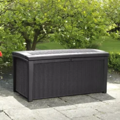 Keter Borneo Rattan Effect Plastic Garden Storage Box -Hozelock Shop keter borneo rattan effect plastic garden storage box7290103669065 01c bq
