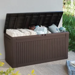 Keter Comfy Wood Effect Plastic Garden Storage Box 270L -Hozelock Shop keter comfy wood effect plastic garden storage box 270l7290106930179 01bq