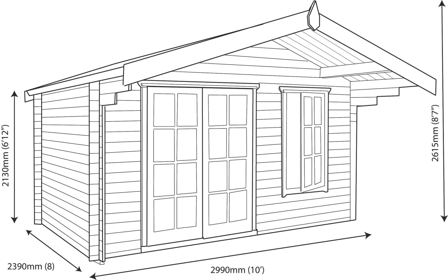 Shire Cannock 12x8 Toughened Glass Apex Tongue & Groove Wooden Cabin - Base Not Included 9 Shire Cannock 12x8 Toughened Glass Apex Tongue & Groove Wooden Cabin - Base Not Included - Image 9