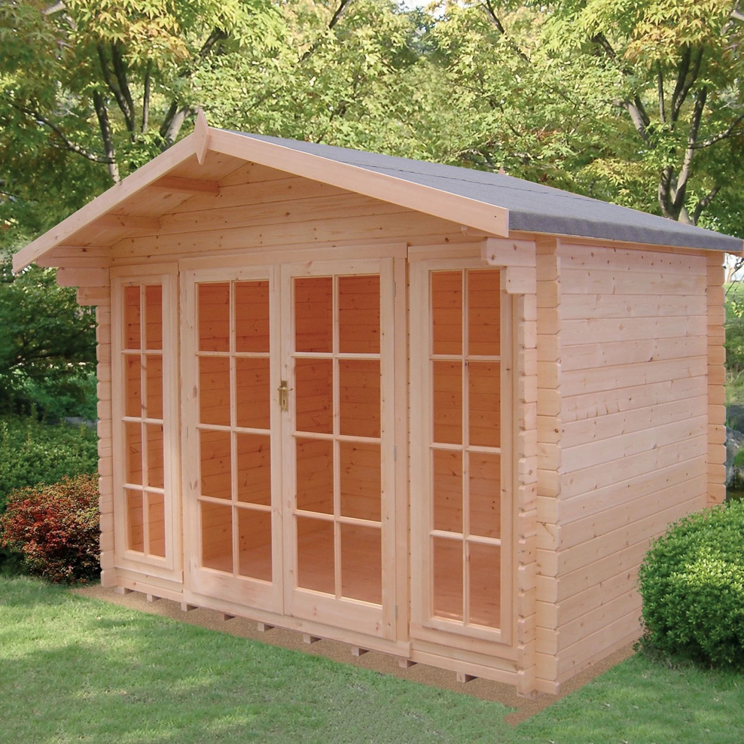Shire Epping 10x10 Ft Toughened Glass Apex Tongue & Groove Wooden Cabin With Tile Roof - Assembly Service Included 1 Shire Epping 10x10 Ft Toughened Glass Apex Tongue & Groove Wooden Cabin With Tile Roof - Assembly Service Included